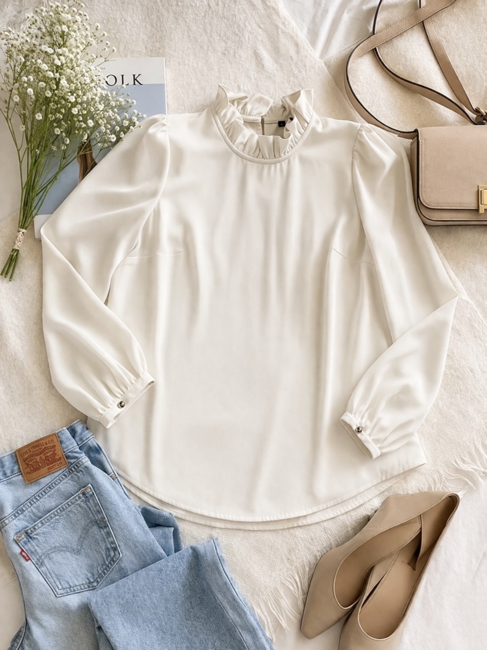 J.Crew Ivory Ruffle Neck Blouse XS Romantic Preppy Chic Top